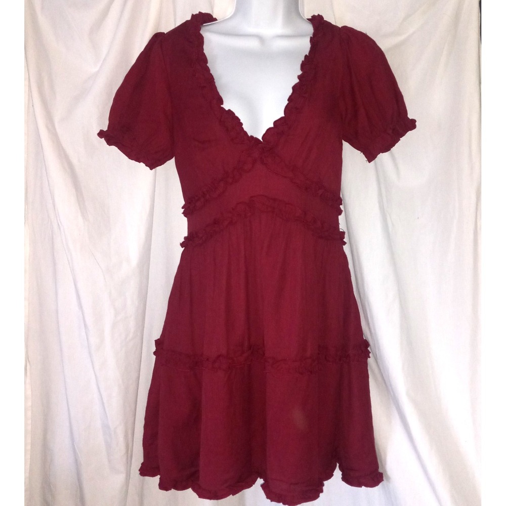 Trixxi Women's S Ruffled Mini Party Dress Zip Burgundy V-Neck NWOT A-Line Tiered